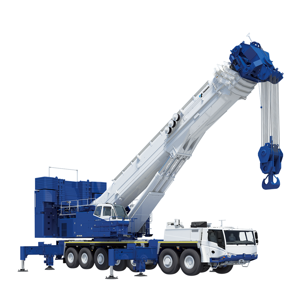 Multiple reeving, boom up, max counterweight, on 7 axles