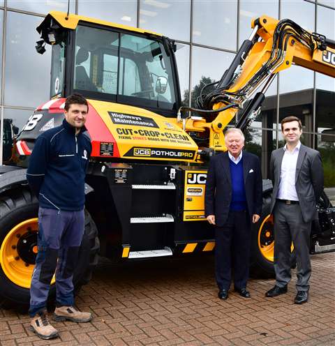 Left to righ: James Harper, Stoke-on-Trent City Council’s Team Manager of Highways, JCB Chairman Lord Bamford and Councillor Daniel Jellyman, Stoke-on-Trent City Council’s Cabinet Member for Infrastructure, Regeneration and Heritage with the JCB PotholePro.