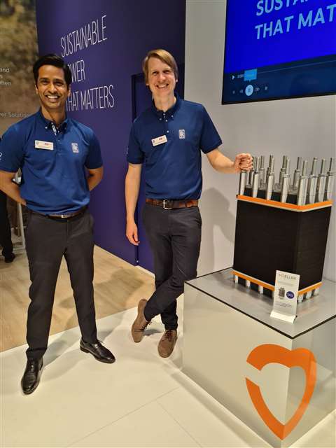 Rohit Prasad (left) and Alexander Butler, Rolls-Royce Power Systems, with electrolyser model